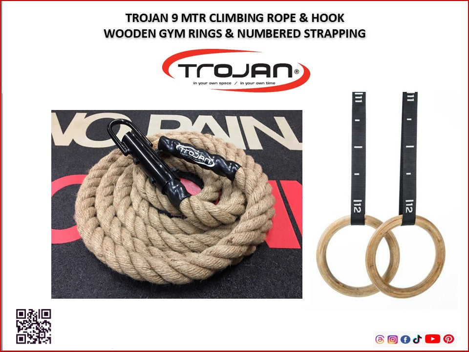 Rings Power Gymnastics Wooden & Straps + 9 MTR Climbing Rope Strap HD Hook